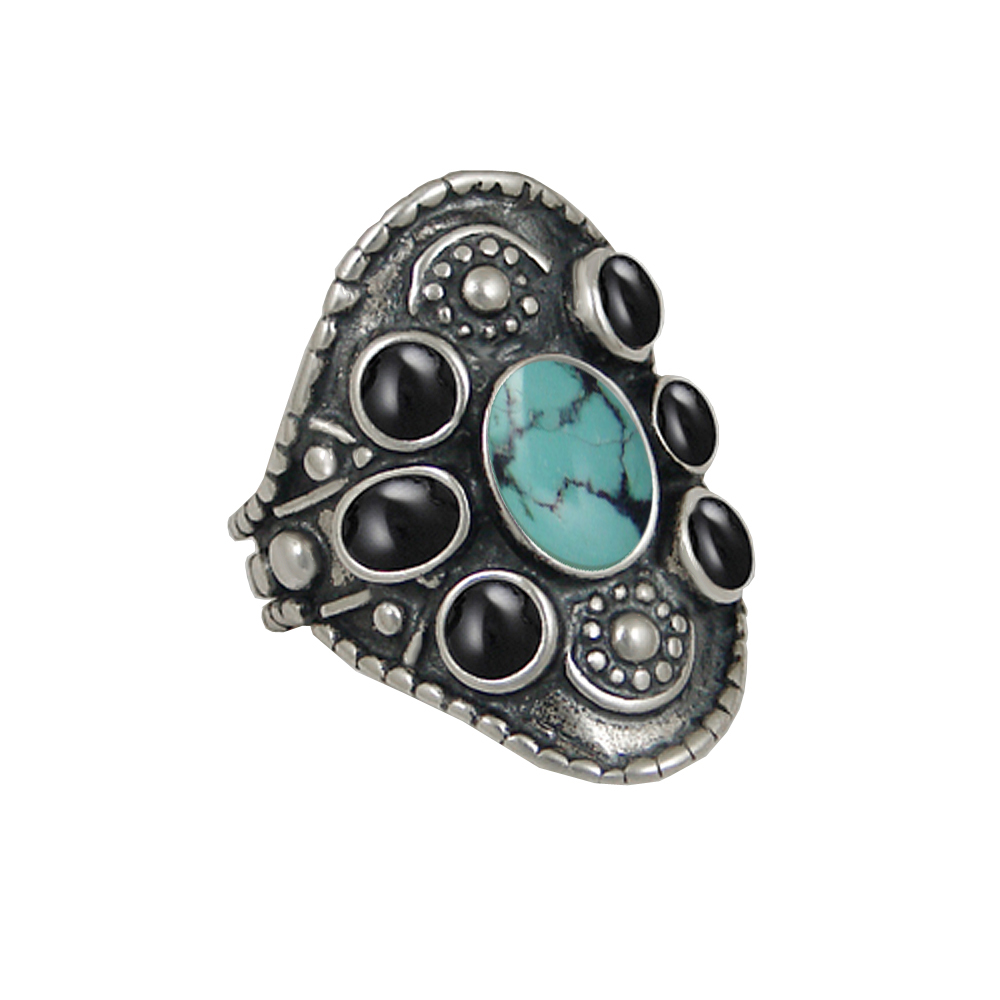 Sterling Silver High Queen's Ring With Chinese Turquoise And Black Onyx Size 10